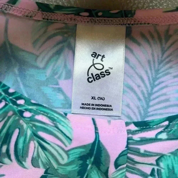 New Art Class Girls XL 14 Pink Green Tropic Leaf Twist Front Swimsuit Rash Guard - Picture 2 of 5